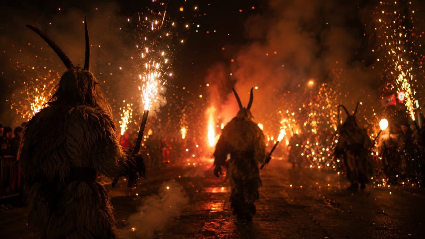 Perchtenlauf mit Bengalfackeln und Rauch